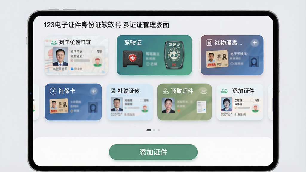 主体:展示“123电子证件身份证”软件的多证件管理界面,屏幕上整齐排列着身份证、驾驶证、社保卡等多种电子证件卡片。布局:卡片以网格形式排列,每张卡片上显示证件类型和缩略图。排版:界面整齐,色彩区分不同证件,底部有“添加证件”按钮。风格:清新自然,圆角卡片设计,视觉舒适。细节:每张卡片上有对应证件的小图标和名称,背景为浅灰色。画质:高清,色彩柔和,画面干净,无多余元素。