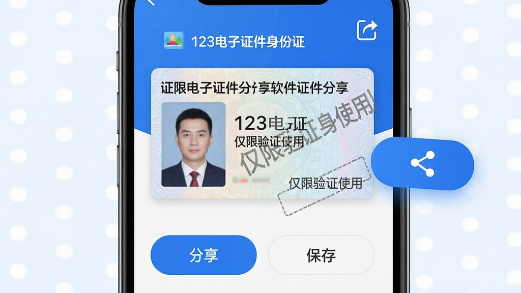 主体:展示“123电子证件身份证”软件的证件分享功能,手机屏幕上显示一张电子身份证,旁边有分享按钮。布局:证件占据屏幕主要位置,下方有“分享”、“保存”等按钮。排版:简洁明了,分享按钮突出。风格:现代简约,蓝色调,界面干净。细节:证件卡片上有水印“仅限验证使用”,屏幕右上角有分享图标。画质:高清,界面细节丰富,画面干净,无多余元素。