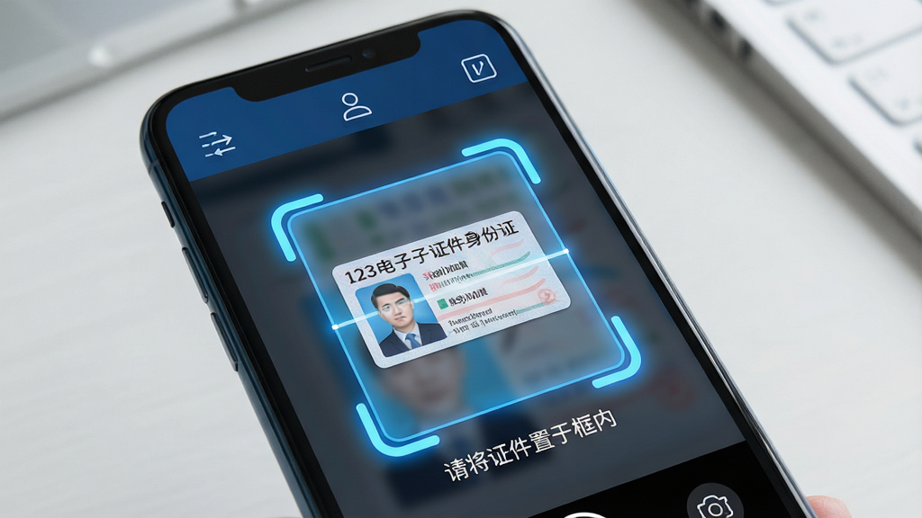 主体:展示“123电子证件身份证”软件的证件添加功能,手机屏幕上显示拍照扫描界面,有扫描框对准一张身份证。布局:手机占主要画面,扫描框位于屏幕中央,四周有功能图标。排版:界面简洁,扫描框醒目,提示文字“请将证件置于框内”。风格:科技感强,蓝色调为主,界面干净。细节:扫描框上有四个角标,边缘有光效,手机背景为桌面。画质:高清,细节清晰,画面干净,无多余元素。