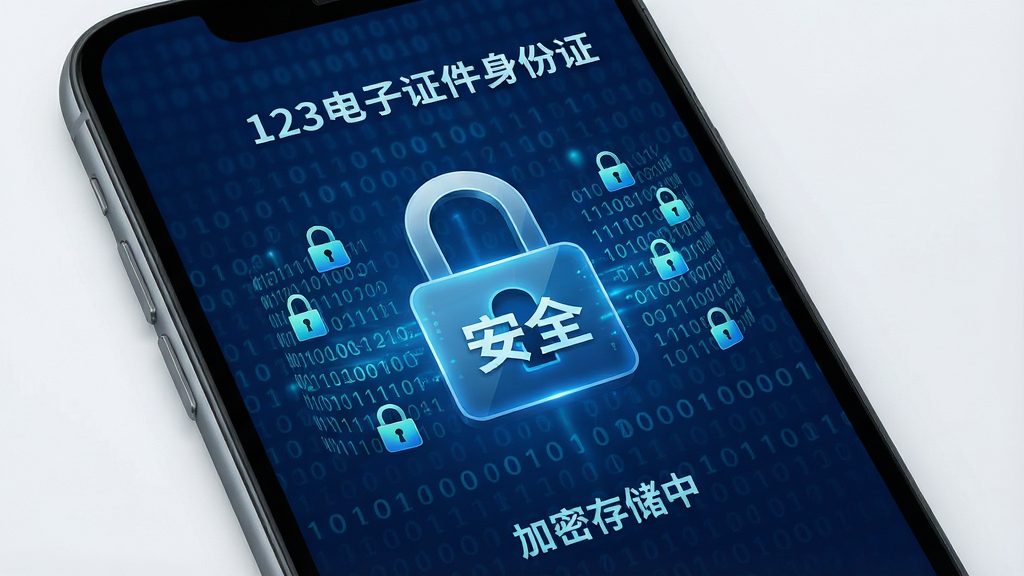 主体:展示“123电子证件身份证”软件的安全加密功能,手机屏幕上显示一个锁形图标,周围有数据加密的视觉元素。布局:锁形图标位于屏幕中央,背景有二进制数字流动效果。排版:简洁大方,突出安全主题。风格:深蓝色调,科技感强,氛围严肃。细节:锁形图标上有“安全”字样,屏幕底部有“加密存储中”提示。画质:高清,光影效果真实,画面干净,无多余元素。
