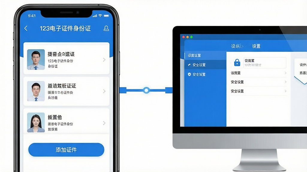 主体:展示“123电子证件身份证”软件在手机和电脑上的使用场景,左侧是手机屏幕,右侧是电脑屏幕,均显示软件界面。布局:左右对称,手机与电脑并排,中间有连接线。排版:界面内容清晰,手机端显示证件列表,电脑端显示设置页面。风格:商务简约,蓝白配色,干净整洁。细节:手机屏幕上有“添加证件”按钮,电脑屏幕上有“安全设置”选项。画质:高清,渲染精细,画面干净,无多余元素。