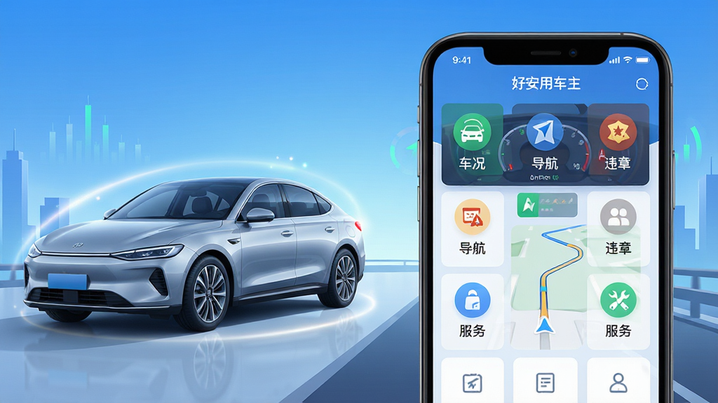 主体:一辆现代轿车与智能手机屏幕中的“好安用车主”应用界面并排展示,屏幕上有车辆仪表盘、路线导航、服务图标等元素;布局:左右构图,车辆占左侧三分之一,手机界面占右侧三分之二,背景为渐变的蓝色天空与城市道路;排版:手机界面中的功能图标呈网格状排列,清晰标注“车况”“导航”“违章”“服务”等字样;风格:科技感、扁平化设计、明亮通透;细节:车辆周围有微弱的光效,手机界面有动态数据闪烁,整体传递智能、高效、便捷的氛围;画质:高清渲染、干净、无多余元素。