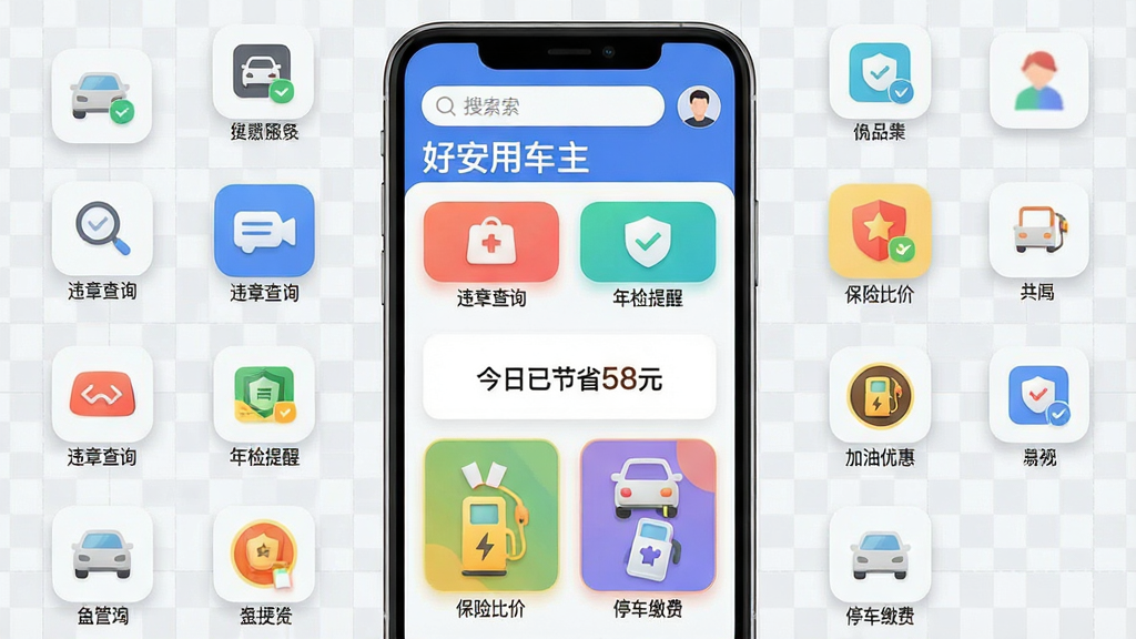 主体:“好安用车主”应用主界面,展示集成服务列表,包含违章查询、年检提醒、保险比价、加油优惠、停车缴费等图标;布局:手机屏幕居中,周围环绕小图标和快捷入口,背景为浅灰色网格;排版:功能图标采用圆角矩形排列,每个图标下方有文字标签,顶部有搜索栏和用户头像;风格:简洁商务、扁平化、色彩明快;细节:图标有微阴影,屏幕中显示“今日已节省58元”的提示卡片,整体突出功能丰富与便捷;画质:高清、干净、无多余元素。