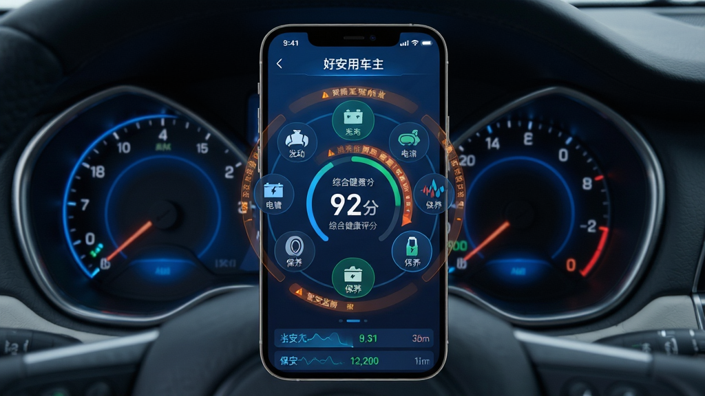 主体:车辆仪表盘与手机屏幕中的“好安用车主”车况监测界面叠加呈现,界面显示发动机、电瓶、轮胎、保养等状态图标;布局:仪表盘作为背景,手机界面悬浮于中央,下方有数据滚动条;排版:状态图标按环形排列,中央显示综合健康评分“92分”,边缘有预警提示条;风格:科技蓝为主色调,数据可视化风格;细节:仪表盘有微弱的发光效果,手机界面有动态波形图,整体传达智能监测、安全可靠;画质:高清渲染、干净、无多余元素。