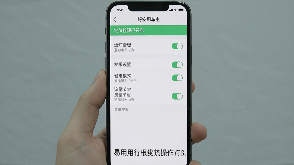 主体:手机屏幕显示“好安用车主”设置页面,包含通知管理、权限设置、省电模式、流量节省等选项;布局:手机居中,屏幕下方有操作提示文字;排版:设置列表采用分组样式,每个选项右侧有开关按钮;风格:清爽简洁、浅灰色背景;细节:屏幕中有“定位权限已开启”的绿色提示条,整体突出易用性和安全性;画质:高清、干净、无多余元素。