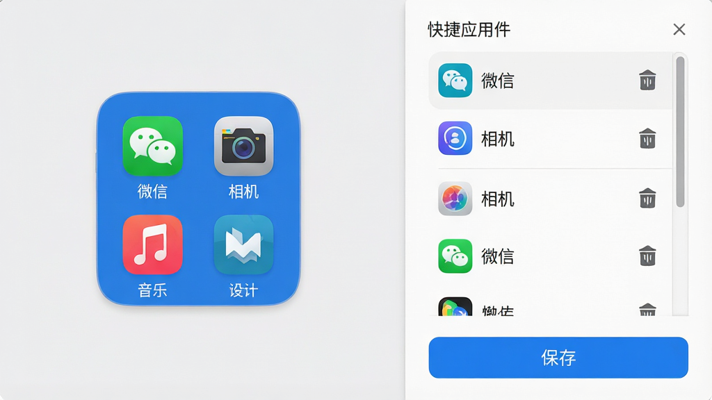 主体:主题小组件应用中的快捷启动组件设置页面。布局:左侧为组件预览,右侧为可自定义的快捷应用列表,背景为浅灰色。排版:预览区域居中,列表区域有滚动条,底部有“保存”按钮。风格:商务简洁,线条流畅,色彩以蓝色为主。细节:预览组件中显示“微信”、“相机”、“音乐”等图标,列表中有应用名称和删除按钮。画质:高清,界面干净,无多余元素。