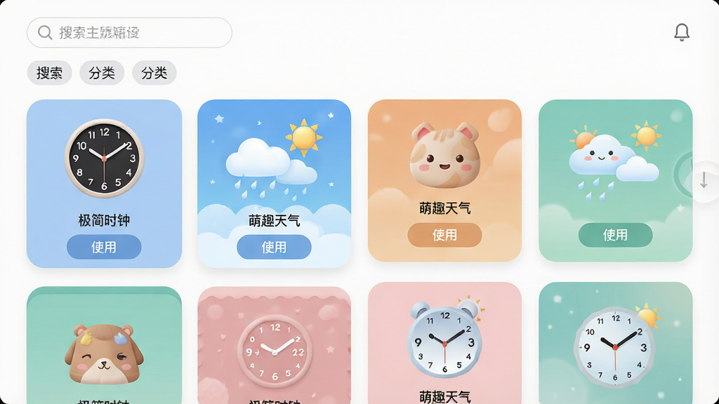 主体:主题小组件应用内的组件库界面,展示多款不同风格的主题组件。布局:左右滑动浏览的卡片式布局,每张卡片展示一个组件预览,背景为纯色。排版:卡片大小一致,整齐排列,上方有搜索栏和分类标签。风格:清新简洁,卡片圆角设计,色彩柔和。细节:卡片上显示组件名称,如“极简时钟”、“萌趣天气”,底部有“使用”按钮。画质:高清渲染,界面干净,无多余元素。