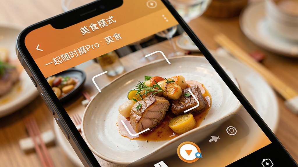 智能手机屏幕特写,显示“一起随时摄Pro”正在识别“美食”场景,屏幕界面以暖色调为主,出现“美食模式”字样与参数调节动画。主体是餐桌上精致的料理,手机位于前景。布局为俯拍视角,排版突出界面识别框与菜品细节。风格明亮写实,细节展现食物的纹理与色泽。画质细腻干净,无多余元素。