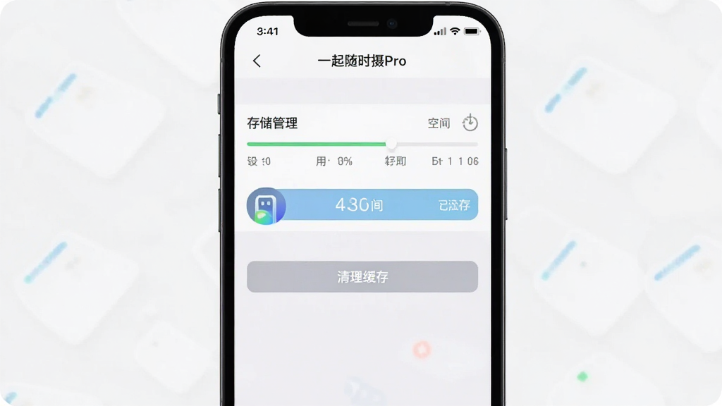 手机应用设置界面截图,展示“一起随时摄Pro”的存储路径选择与缓存清理选项,背景为浅色系设置列表。主体为手机屏幕,布局居中,排版清晰显示“存储管理”与“清理缓存”按钮。风格简洁,细节包含进度条与已用空间数据。画质干净明亮,无多余元素。