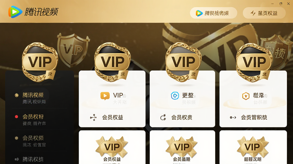 主体:腾讯视频VIP会员页面,展示会员权益图标;布局:顶部横幅,下方权益列表;排版:分栏展示;风格:金色奢华;细节:权益图标有“VIP”字样,“腾讯视频”LOGO在左上角;画质:高清,干净无多余元素