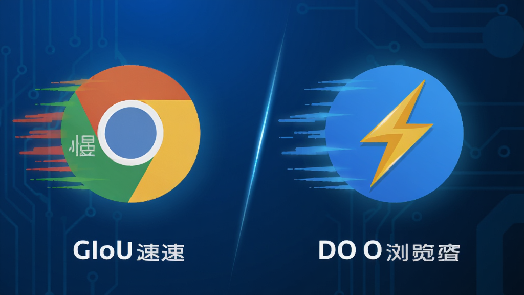 DO浏览器速度对比图,左侧为普通浏览器图标显示慢速,右侧为DO浏览器图标显示闪电速度,背景为科技感蓝色调,布局为左右对比,风格扁平化,细节有速度线条和光效,画质高清,干净,无多余元素。