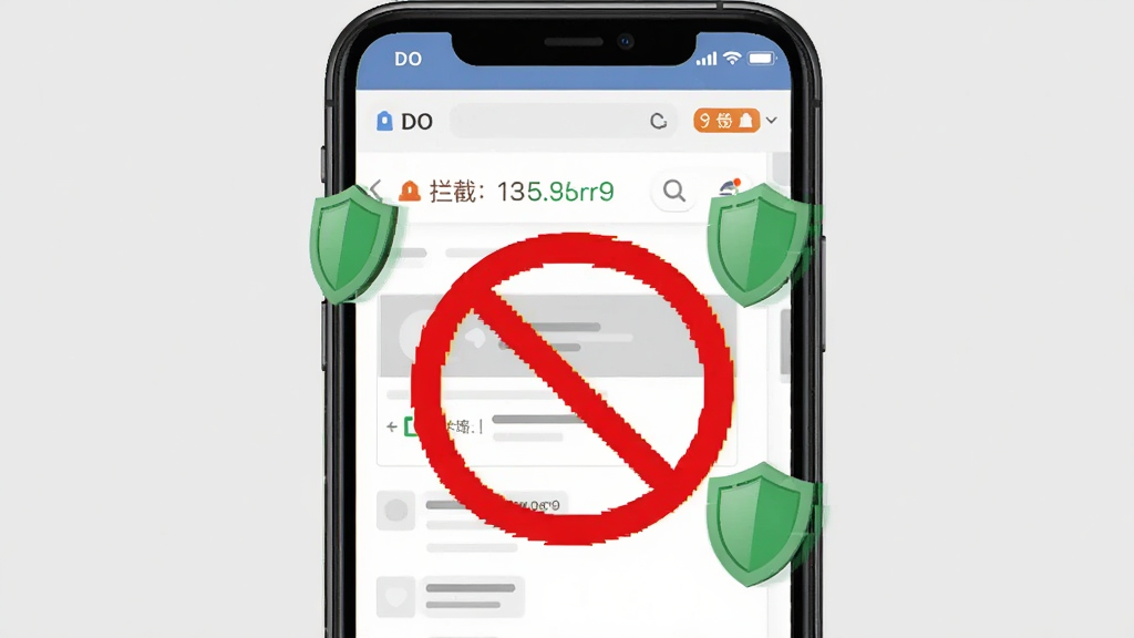 DO浏览器广告拦截功能示意图,手机屏幕显示网页被拦截的广告区域标记为红色禁止符号,周围有绿色盾牌图标,背景为浅灰色,布局居中,风格简洁,细节有拦截计数通知,画质高清,干净,无多余元素。