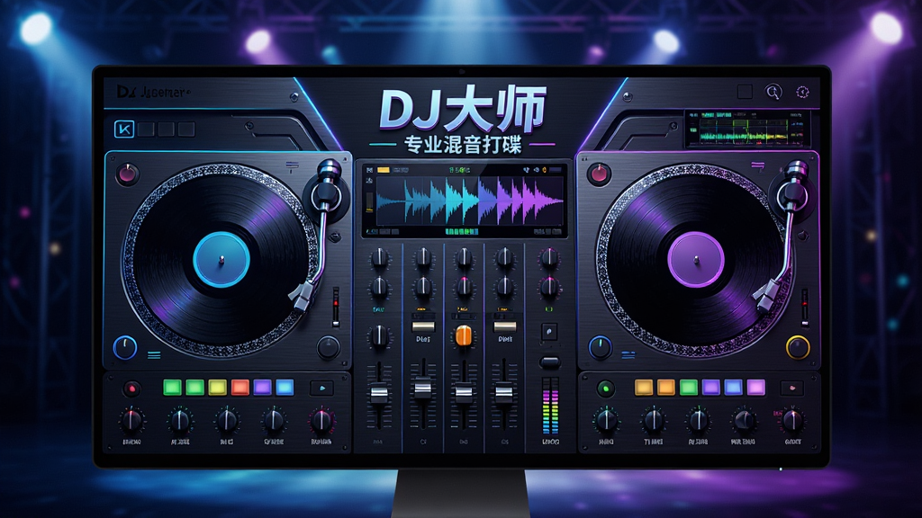 主体:一款名为“DJ大师”的专业DJ混音软件界面,显示两个黑胶唱片转盘、混音台、波形显示屏和多个彩色旋钮按钮,界面以深色金属质感为主,搭配蓝色和紫色霓虹灯光效。布局:软件界面居中,转盘左右对称,上方有“DJ大师”中文字样和“专业混音打碟”英文副标题,下方有均衡器、音量推子和效果器面板。排版:电脑屏幕全屏展示,背景为舞台聚光灯效果,光晕从顶部洒下,整体视觉冲击力强。风格:科技感、专业感、现代感,高清渲染,细节丰富,色彩鲜艳。画质:8K超清,干净无多余元素,无水印。