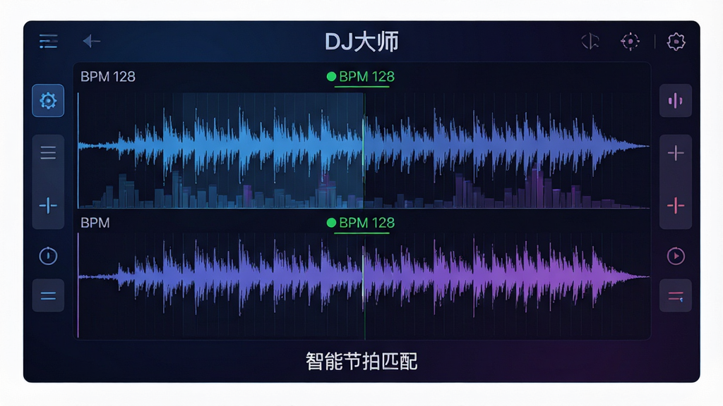 主体:DJ大师软件中的智能节拍匹配功能界面,两个波形图上下对齐,显示节拍网格和同步状态,界面有“BPM 128”和“BPM 128”的绿色同步标识。布局:波形图占据画面主要位置,背景为深色渐变,带有微弱的频谱动画。排版:界面中央显示两个波形,上方有“DJ大师”字样,下方有“智能节拍匹配”的英文说明,左右两侧有功能按钮图标。风格:简洁、专业、科技感,蓝紫色调,高清细节。画质:4K超清,干净无多余元素。
