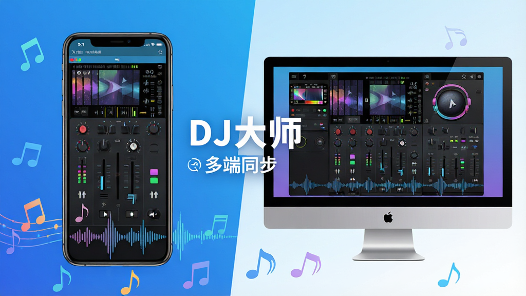 主体:DJ大师软件在手机和电脑上的使用场景对比图,左侧为手机竖屏界面,右侧为电脑横屏界面,两个设备显示相同的混音界面。布局:左右对称,中间有“DJ大师”中文字样和“多端同步”英文。排版:背景为渐变蓝色,设备下方有音符和波形装饰。风格:现代、简约,色彩明亮。画质:高清,干净无多余元素。
