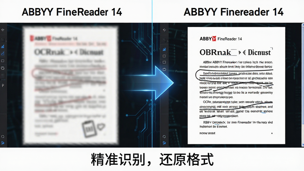 主体:ABBYY FineReader 14的OCR识别过程对比图,左边是模糊的扫描件,右边是清晰可编辑的文字。布局:左右对比形式,中间用箭头连接。排版:简洁的对比排版。风格:展示技术优势的科技风格。细节:图片下方标注“精准识别,还原格式”,右侧文字清晰锐利。画质:高清,干净,无多余元素。