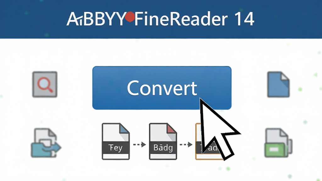 主体:ABBYY FineReader 14软件界面上的“一键转换”按钮特写,鼠标指针点击。布局:以按钮为中心,周围有简单的图标示意。排版:居中突出按钮。风格:直观简洁的界面风格。细节:按钮上写有“Convert”字样,下方显示可转换的格式图标。画质:高清,干净,无多余元素。