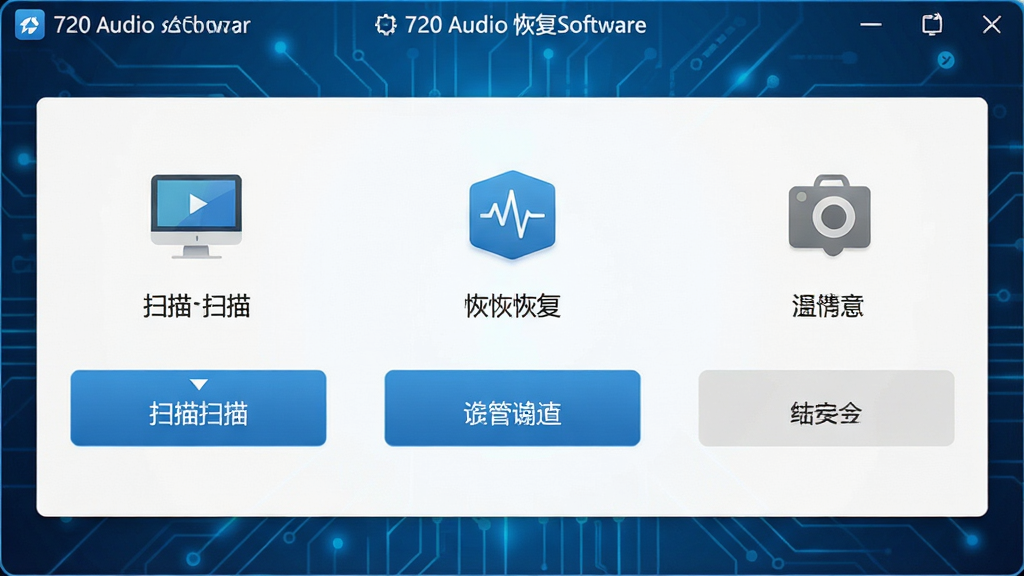 一张展示720音频恢复软件主界面的高清图片,界面布局清晰,包含扫描、恢复、设置等主要功能按钮,背景为蓝色科技感调色,图标风格简洁现代,画质细腻,干净无多余元素