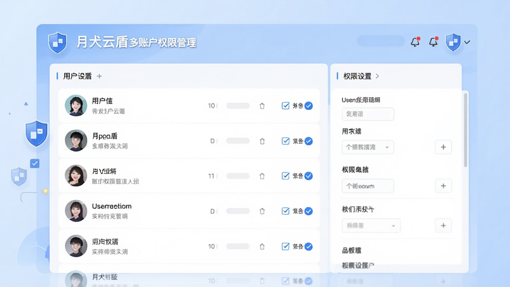 主体:月犬云盾多账户权限管理界面,界面显示用户列表和权限设置面板,每个用户旁边有权限勾选选项,背景为浅蓝色渐变,布局清晰,风格商务,细节包括用户头像和盾牌图标,画质干净,无多余元素