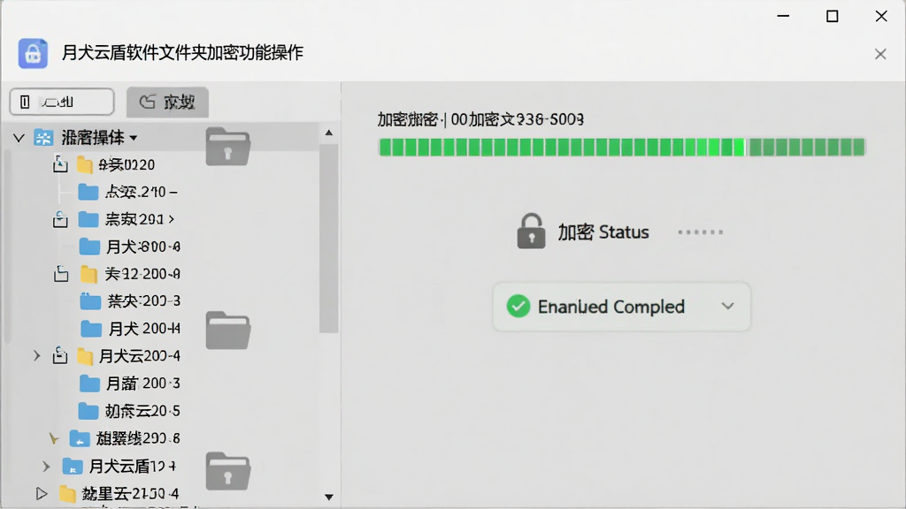 主体:月犬云盾软件文件夹加密功能操作界面,界面左侧为本地磁盘目录树,右侧显示加密进度条和加密状态图标,背景为浅灰色,布局简洁,风格现代,细节包括锁形文件夹图标和加密完成提示,画质清晰,干净,无多余元素