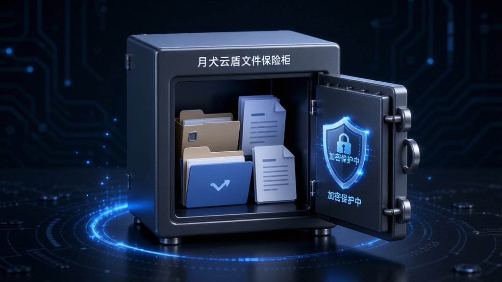 主体:月犬云盾文件保险柜功能示意图,画面中央显示一个打开的保险柜,内部有文件夹和文档图标,保险柜周围伴有蓝色光效,背景为深色科技风,布局居中,风格炫酷,细节包含盾牌水印和“加密保护中”字样,画质高清,干净,无多余元素