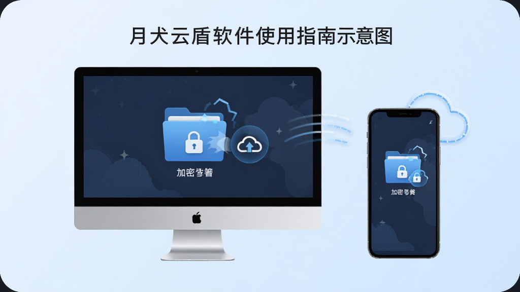 主体:月犬云盾软件使用指南示意图,画面显示电脑和手机同步操作,电脑屏幕上有加密文件夹图标,手机屏幕上有相同图标,背景为浅蓝色渐变,布局左右对称,风格简洁,细节包括加密解锁动画和云同步标识,画质高清,干净,无多余元素
