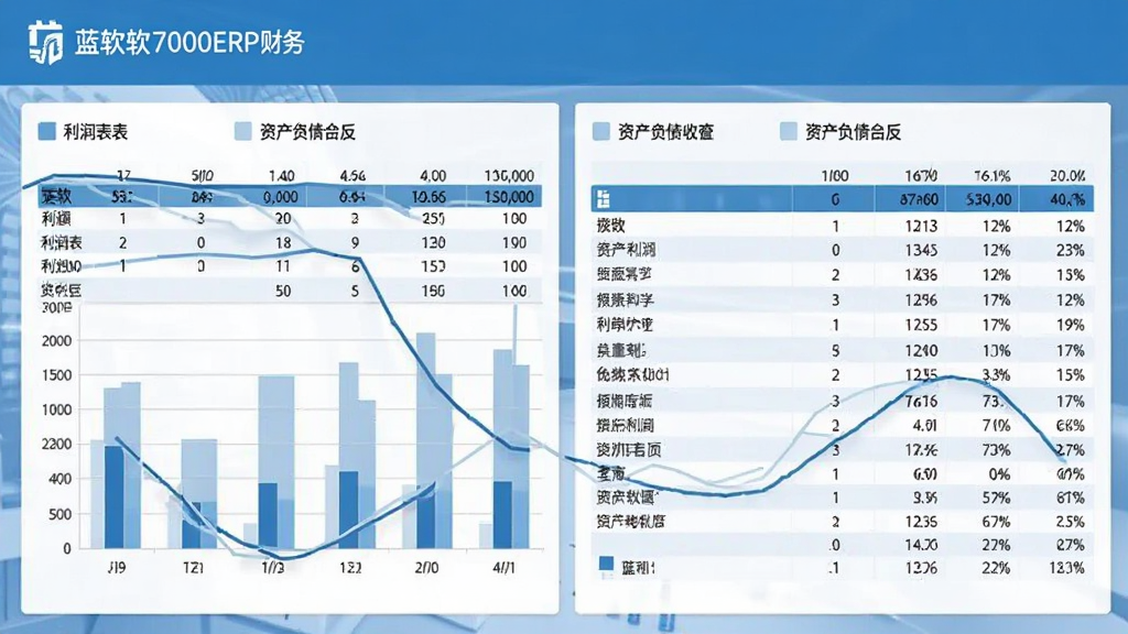 蓝软7000ERP财务报表界面,显示利润表、资产负债表图表,数据图表样式美观,界面简洁专业,蓝色主题色调,画质清晰,布局合理