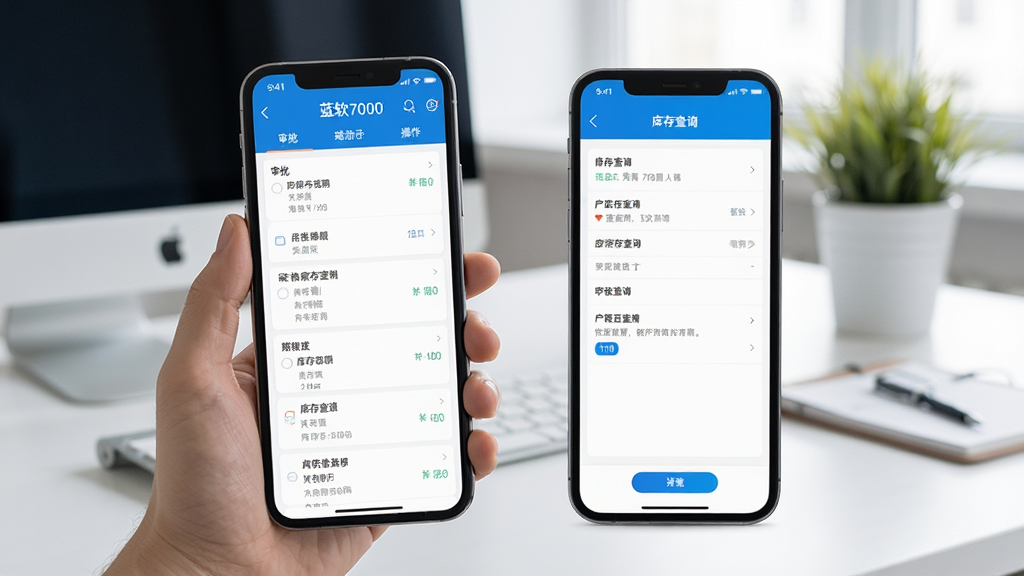 蓝软7000ERP移动端APP操作演示,手机屏幕上显示审批列表、库存查询界面,界面简洁,色彩明亮,背景为办公桌场景,画质清晰,干净整洁