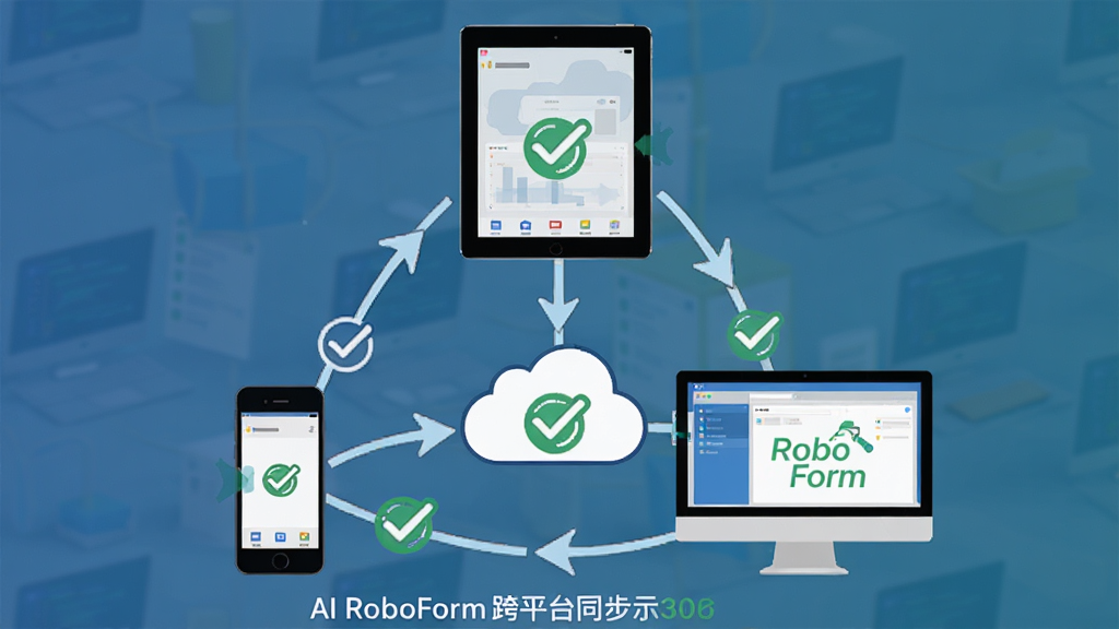 AI RoboForm跨平台同步示意图,主体为手机、平板、电脑三台设备围绕云端图标,布局三角构图,排版均衡,风格扁平化,细节包含同步箭头与绿色对勾,画质干净,无多余元素,文字标注“AI RoboForm”