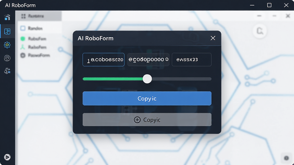 AI RoboForm密码生成功能演示图,主体为软件界面中弹出的密码生成器窗口,布局居中,包含密码强度滑块与生成按钮,排版简洁,风格科技感,细节展示随机密码字符与复制按钮,画质清晰干净,无多余元素,文字标注“AI RoboForm”