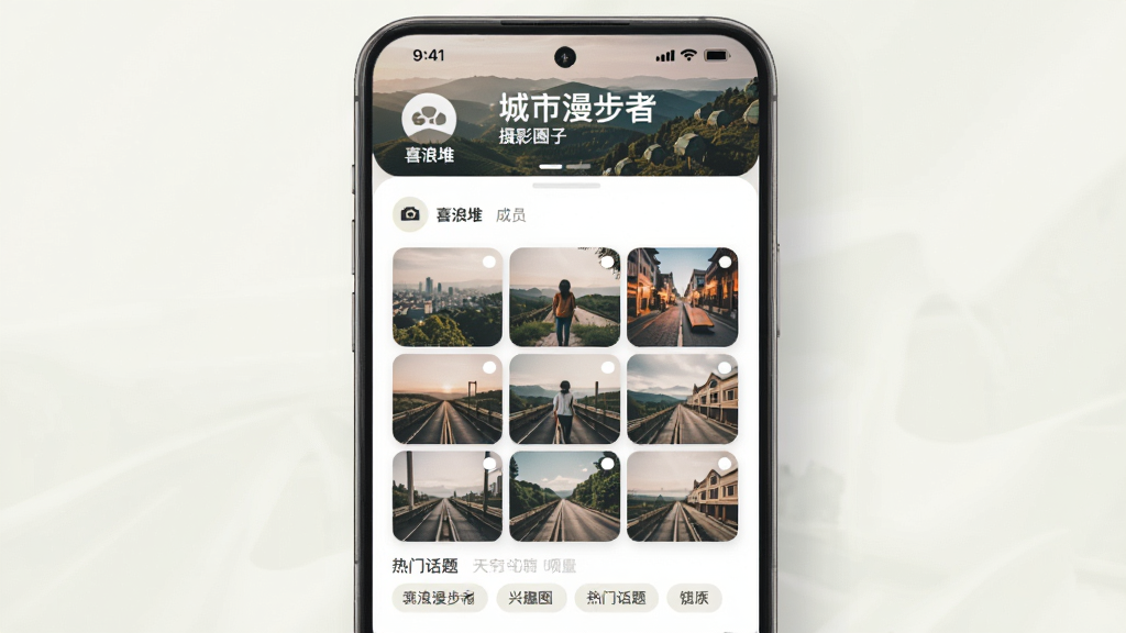 喜浪堆APP兴趣圈子页面效果图,画面展示一个名为“城市漫步者”的摄影圈子主页,顶部是圈子的横幅封面图,下方是成员发布的九宫格照片墙和热门话题标签。界面设计采用卡片式布局,圆角阴影处理,色调柔和舒适。整体风格文艺清新,强调社区氛围与内容多样性,画质细腻,排版美观,干净无多余元素,并带有“喜浪堆”字样。