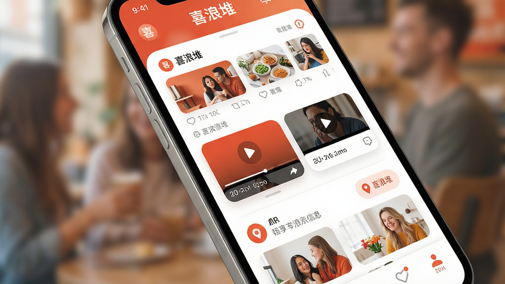 一幅展示喜浪堆APP核心界面的高清概念图,主体为一部智能手机屏幕特写,屏幕内清晰显示喜浪堆的瀑布流信息界面,包含图文动态、视频卡片和地理位置标签,布局错落有致。整体风格现代简约,以温暖的橙红色和纯净的白色为主色调,界面元素圆润细腻。背景虚化处理,突出手机屏幕内容,画质细腻干净,无多余元素,营造出充满活力与分享氛围的社区感。