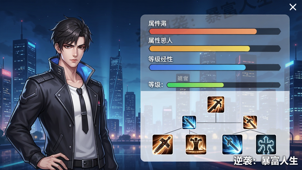 一张《逆袭:暴富人生》角色属性面板的预览图,画面左侧是人物立绘,右侧是四项属性条和等级经验条,下方是技能树图标,背景为现代都市夜景,整体风格明亮,UI简洁,画质高清,干净无多余元素,带有“逆袭:暴富人生”水印