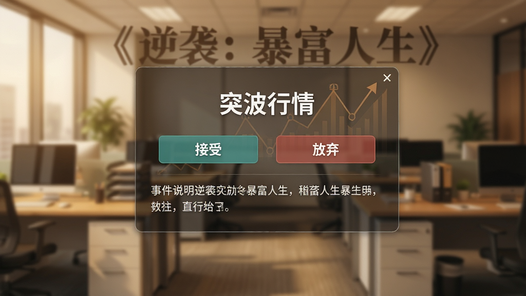 一张《逆袭:暴富人生》随机事件弹窗的预览图,画面中央是一个半透明弹窗,上面写着“突发行情”,背景是模糊的办公室场景,弹窗上有“接受”和“放弃”两个按钮,下方有事件说明文字,整体风格写实,色调偏暖,画质清晰,无多余元素
