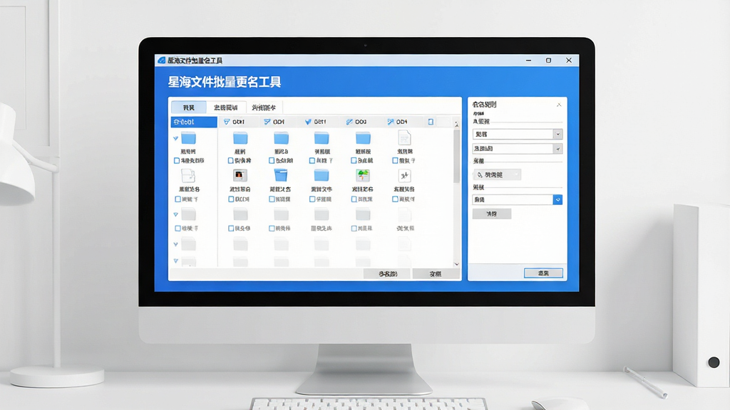 一幅现代简约风格的电脑桌面场景,屏幕上显示“星海文件批量更名工具”的主界面,界面中包含文件列表和命名规则设置面板,整体布局清晰,蓝白配色,画面干净,高画质,无多余元素