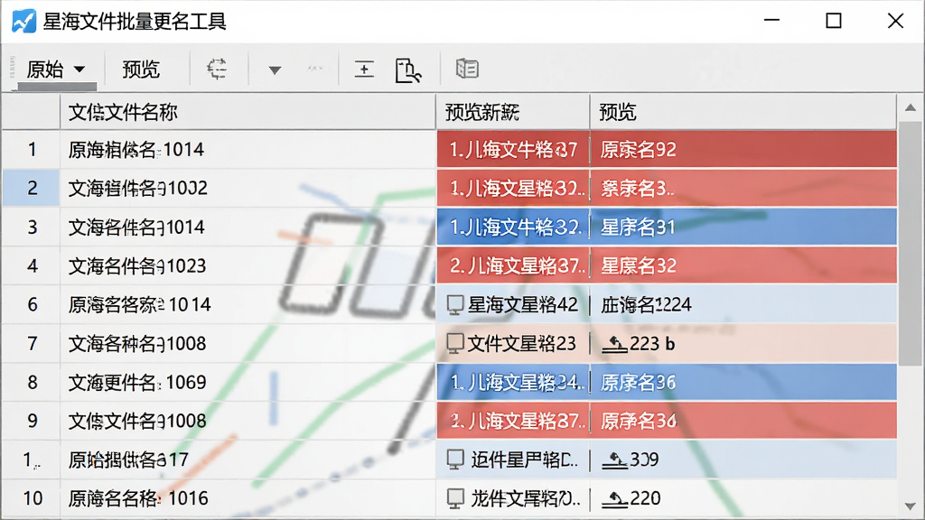 一张“星海文件批量更名工具”的批量文件列表截图,表格中显示原始文件名和预览的新文件名,两列并排,有高亮对比效果,背景为浅灰色,界面专业,高画质,干净无多余元素