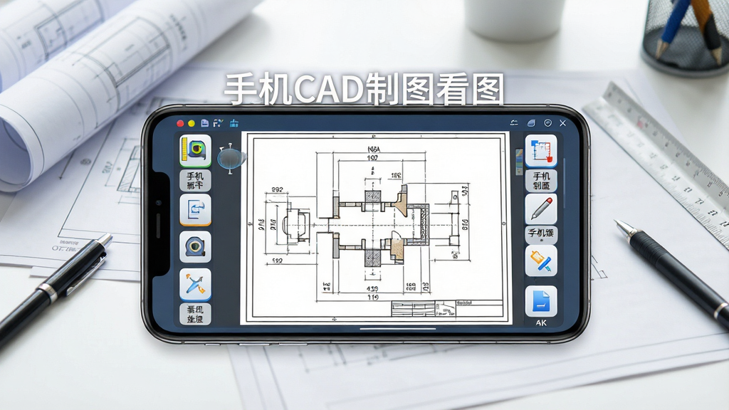 主体:一部智能手机屏幕显示“手机CAD制图看图”软件界面,界面中有打开的CAD工程图纸,周围有测量、标注等工具图标。布局:手机居中,屏幕内容清晰可见,背景为简洁的现代办公桌,有图纸、笔、尺子等元素。排版:手机为视觉中心,界面展示完整,四周留白均匀。风格:写实科技风,色彩明亮,细节丰富。细节:屏幕上的图纸线条清晰,标注尺寸数字可见,软件名称“手机CAD制图看图”以水印形式出现在屏幕上方。画质:4K高清,干净,无多余元素。