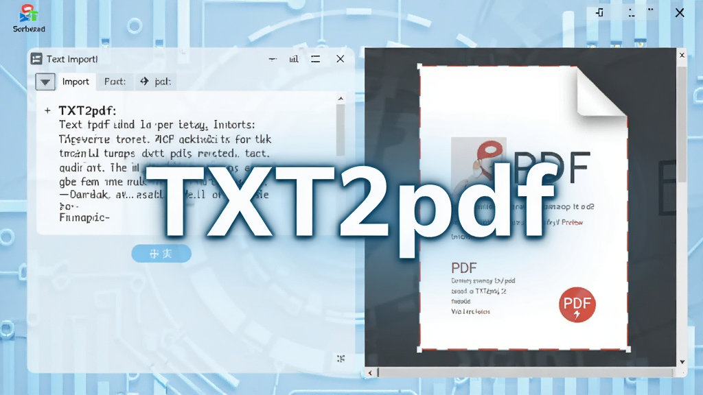 一幅展示TXT2pdf软件主界面的高清数字插图,界面简洁,左侧是文本导入区域,右侧是PDF预览效果,中心位置有醒目的“TXT2pdf”软件名称,背景为淡蓝色科技风格,布局清晰,风格现代,细节精致,画质干净,无多余元素。