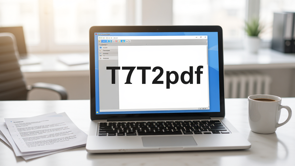 一幅TXT2pdf软件使用场景的插图,画面中一台笔记本电脑显示TXT2pdf界面,旁边放有纸质文档和咖啡杯,背景为明亮办公桌,软件名称“TXT2pdf”在屏幕中央,布局自然,风格写实,细节丰富,画质清晰。