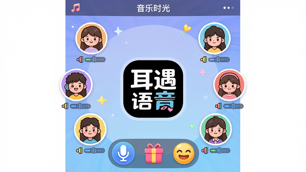 主体:耳遇语音APP的语音聊天室界面,多个用户头像围成一圈,中心有“耳遇语音”Logo;布局:环形排列,底部有麦克风、礼物、表情图标;排版:图标均匀分布;风格:活泼卡通,色彩明亮;细节:每个头像下方有音量条波动,顶部显示房间名称“音乐时光”;画质:高清,干净,无多余元素。