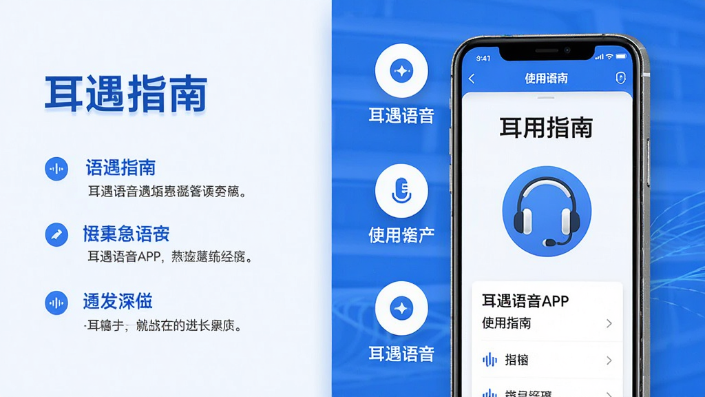 主体:一部手机展示耳遇语音APP的“使用指南”页面,背景有步骤图标;布局:左侧为文字步骤,右侧为手机演示;排版:清晰有序;风格:简洁商务,蓝白配色;细节:页面有“耳遇语音”字样和耳机图标;画质:高清,干净,无多余元素。