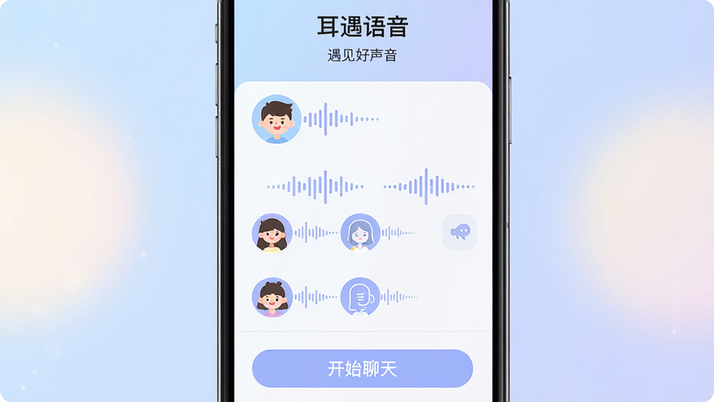主体:一部手机屏幕显示“耳遇语音”APP的聊天室界面,界面中有多个卡通头像和声波动态图标;布局:手机居中,左右两侧有柔光点缀,下方有“开始聊天”按钮;排版:界面简洁,功能图标排列整齐;风格:清新扁平化,色彩以淡蓝和浅紫为主;细节:屏幕中显示“耳遇语音”四个字和“遇见好声音”标语;画质:高清,干净,无多余元素。