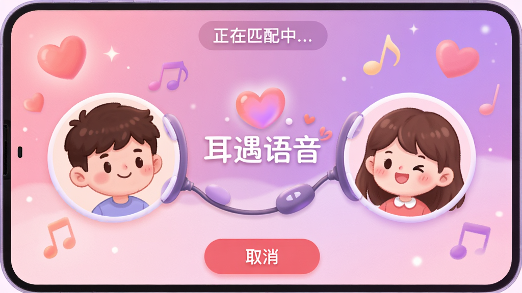 主体:耳遇语音APP的匹配连麦界面,两个卡通人物头像通过电话线连接,中间有“耳遇语音”字样;布局:左右对称,背景有爱心和音符;排版:简洁明了;风格:温馨浪漫,粉紫色调;细节:顶部显示“正在匹配中...”,下方有“取消”按钮;画质:高清,柔和,无多余元素。