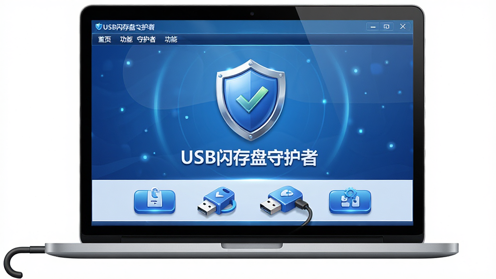 主体:USB闪存盘守护者软件界面,一台笔记本电脑连接着U盘,屏幕上有盾牌图标和“USB闪存盘守护者”字样,布局:界面居中,两侧留白,上方有软件名称和菜单栏,下方有功能按钮,排版:简洁清晰,功能图标排列有序,风格:现代科技感,蓝色调为主,细节:界面高光质感,图标立体,画质:高清渲染,干净,无多余元素