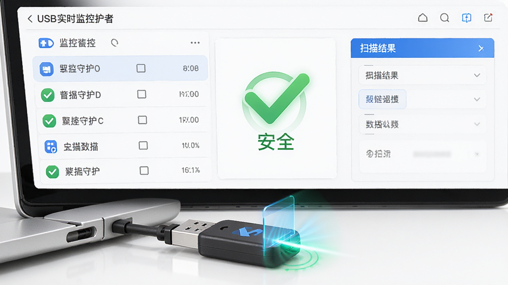 主体:USB闪存盘守护者实时监控功能界面,一个U盘插入电脑,屏幕上有绿色对勾和“安全”字样,布局:左侧为监控列表,右侧为扫描结果,排版:数据清晰,状态图标醒目,风格:简洁商务风,白色背景配蓝色点缀,细节:U盘图标带有扫描光效,画质:高清,干净,无多余元素