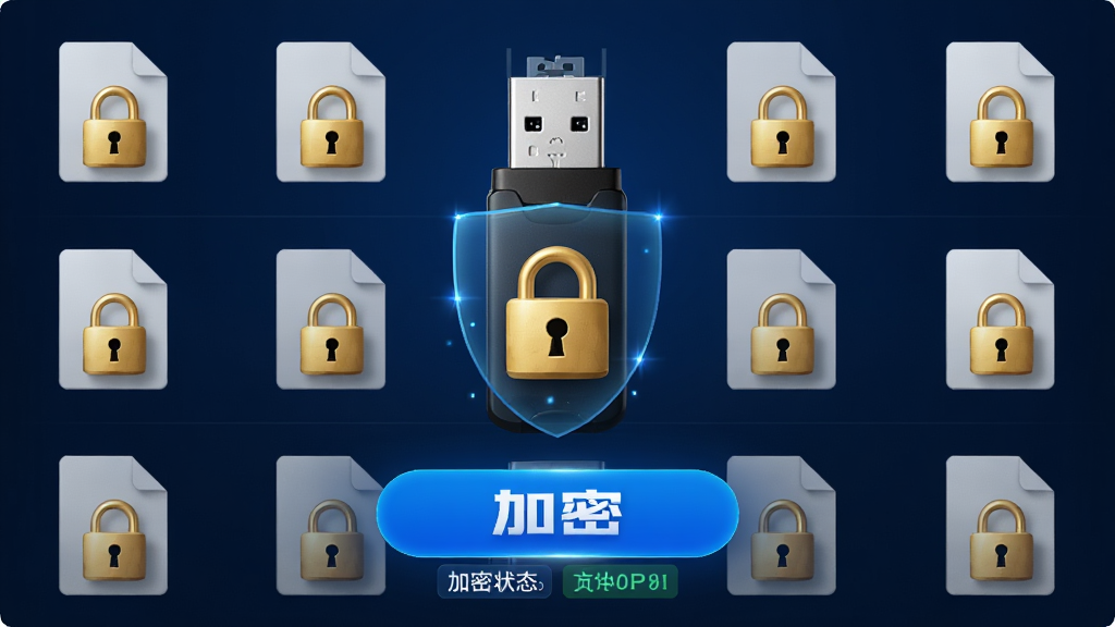 主体:USB闪存盘守护者文件加密功能演示,U盘文件被锁头图标保护,布局:文件列表居中,加密按钮醒目,排版:简洁明了,加密状态标签清晰,风格:科技感,深蓝色背景,细节:文件图标带有金色锁头,画质:高清晰度,干净,无多余元素