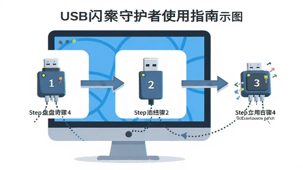 主体:USB闪存盘守护者使用指南示意图,电脑屏幕上有步骤编号,布局:中心展示步骤流程,排版:步骤清晰,风格:扁平化插画风,细节:每一步骤有图标引导,画质:高清,干净,无多余元素