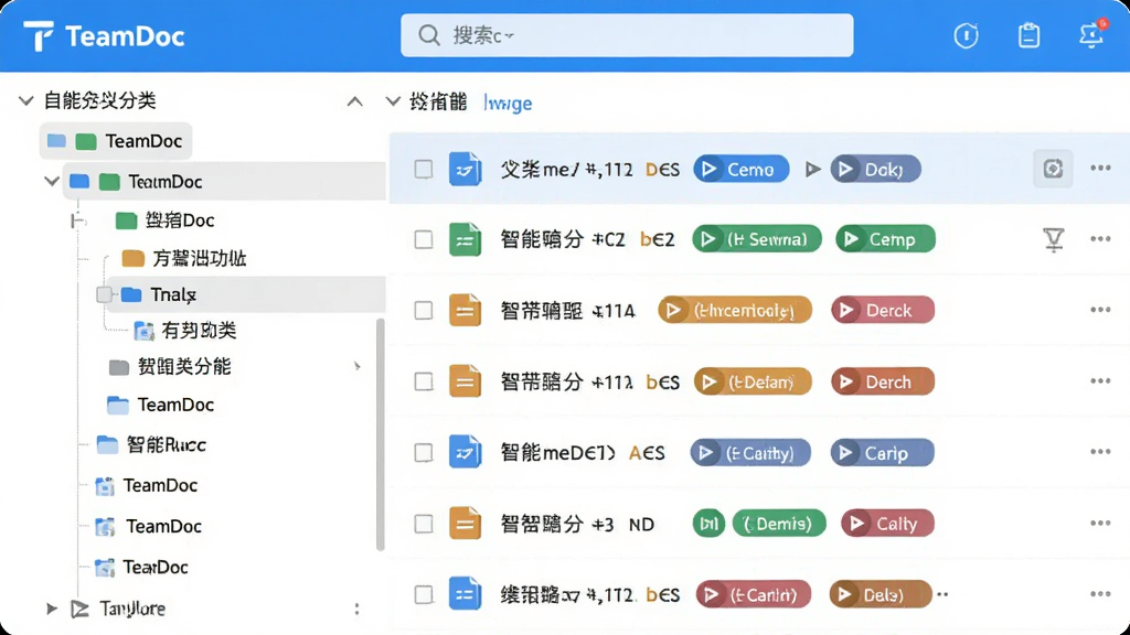 一张展示TeamDoc软件智能分类功能的界面截图,画面左侧是自定义分类标签树,右侧是文档列表,每行文档带有清晰的类型图标和颜色标签,顶部是搜索框,整体设计扁平化,蓝白主色调,布局清晰,细节突出,画质干净