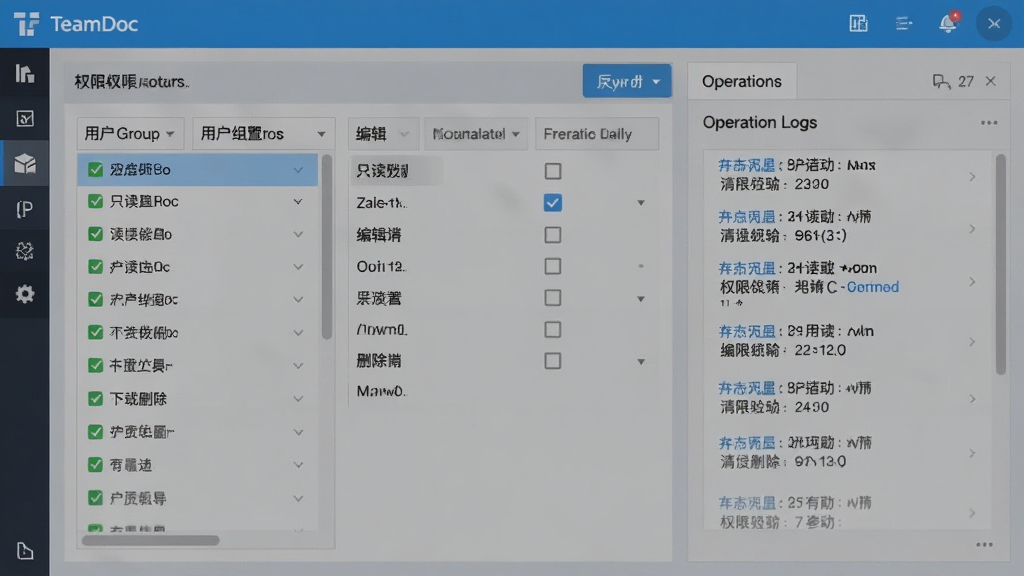 一张TeamDoc软件权限设置界面的示意图,画面中心是一个权限配置面板,显示用户组列表和对应的勾选权限项,包括只读、编辑、下载、删除等,右侧有操作日志记录,整体界面专业严谨,蓝灰配色,细节清晰,画质干净