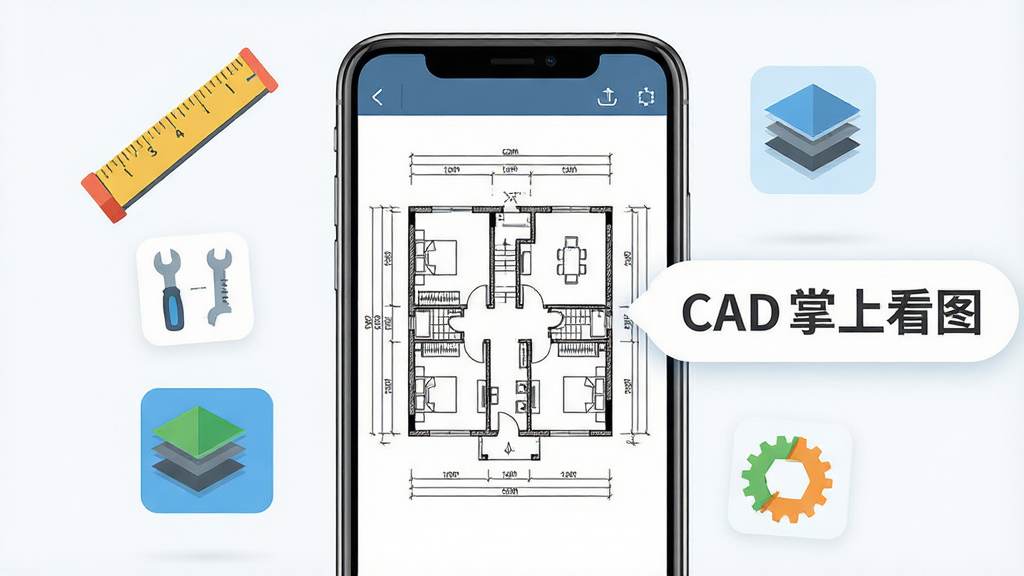 主体:一部智能手机屏幕显示着打开的CAD工程图纸,图纸线条清晰,旁边有“CAD掌上看图”的文字标识。布局:手机居中,周围有简洁的工程工具图标如测量尺、图层符号漂浮。排版:整体画面平衡,手机屏幕内容醒目。风格:现代科技感,扁平化设计,色彩明快。细节:手机屏幕上的图纸有建筑平面图轮廓,线条锐利。画质:高清,干净,无多余元素。